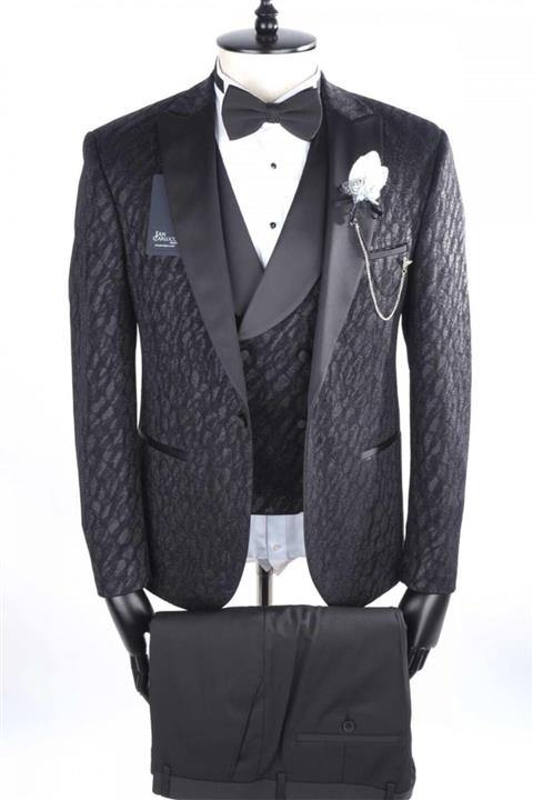 Jan Carlucci Jakarlı Simli Saten Yaka Yelekli Damatlık