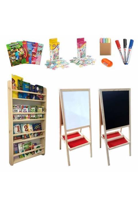 Mashotrend 14 Parça Süper 2 Li Set Çift Taraflı Ayaklı Manyetikli Yazı Tahtası + Ahşap Kitaplık