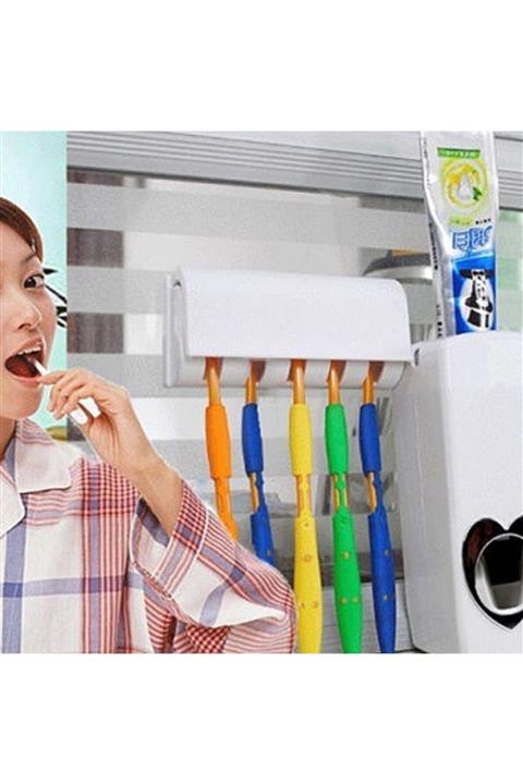 JANGLES Otomatik Diş Macunu Sıkacağı Ve 5li Diş Fırçası Tutucu Askı Seti