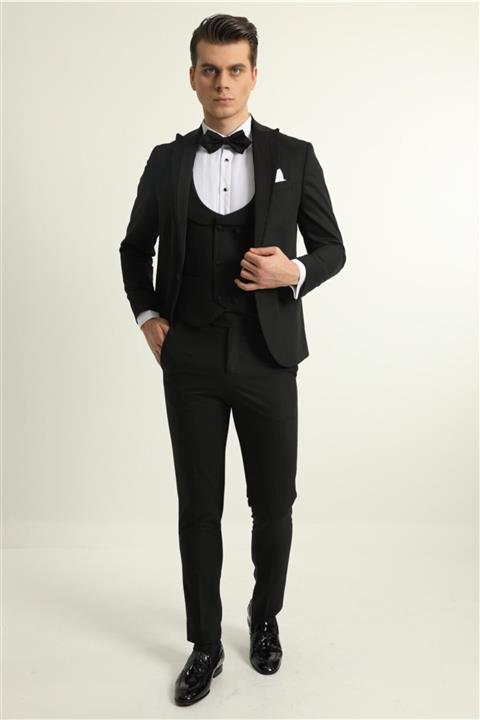 Fc Plus Siyah Degrade Yaka Yelekli Erkek Smokin - Slım Fıt