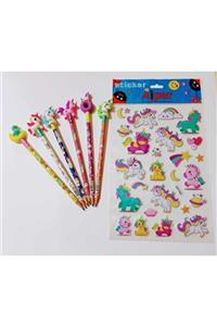 sevgi kırtasiye Unicorn Başlıklı Kurşun Kalem 6 Lı Set Ve A4 Unicorn Stickers 1 Set Alana 1 Set Bedava