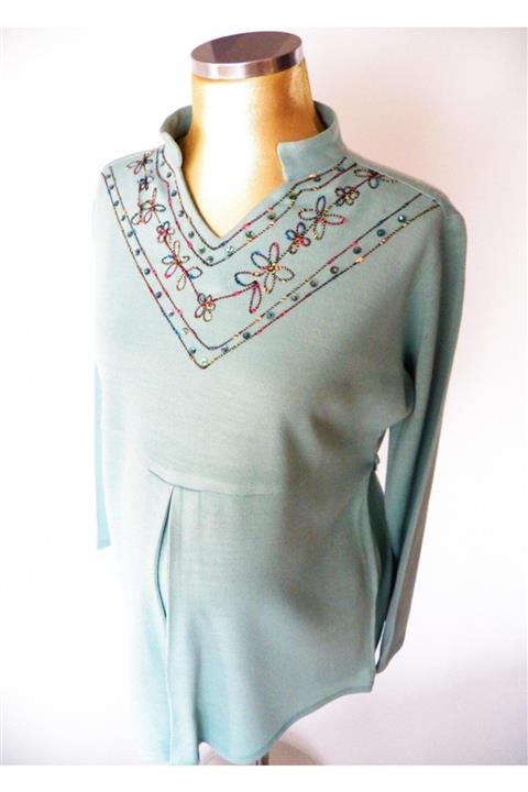 sny Yuvarlak Yaka Mavi Triko Hamile Bluz