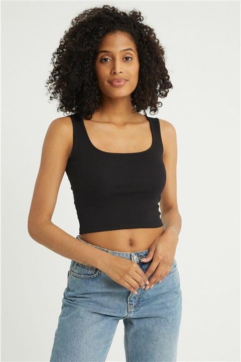 AYSU Kadın Siyah Askılı Kare Yaka Crop Top Bustiyer