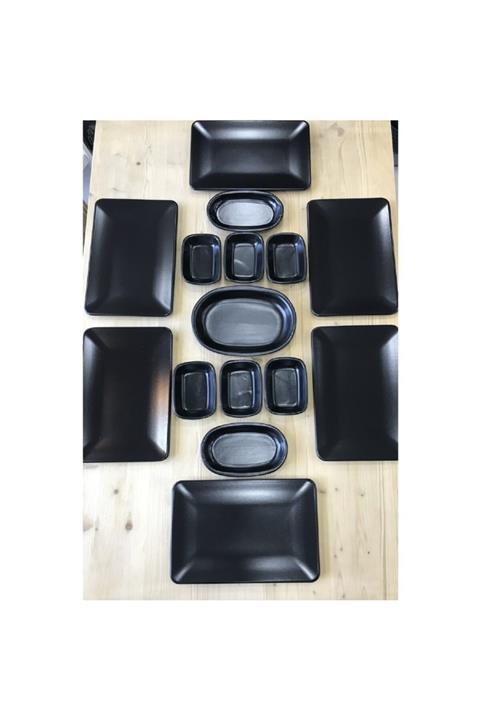 Keramika Kare 15 Parça 6 Kişilik Kahvaltı Ikram Seti Mat Siyah