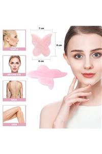 3 Pembe Kuvars Gua Sha Sertifikalı Kutulu Ve Keseli Kelebek Yüz Ve Vücut Masaj Taşı Aleti