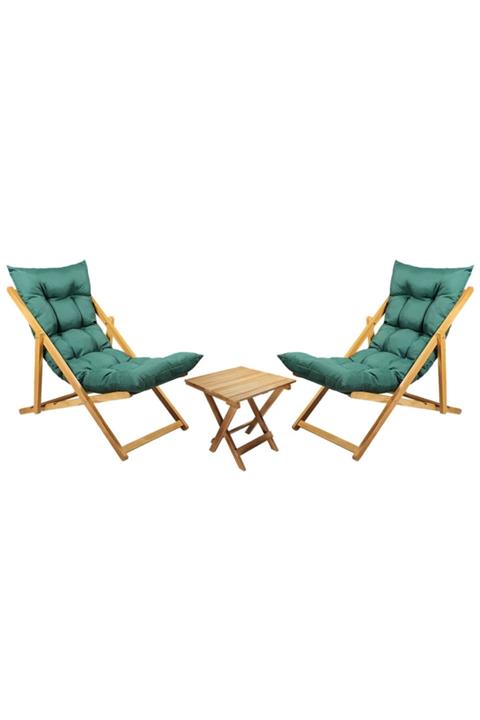 Bysay Ahşap Katlanır Taşınır Puf Minderli Şezlong Plaj Bahçe Teras Balkon İçin 3'lü Set