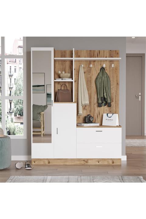 Robin Home Bella Aynalı Raflı Vestiyer Ayakkabılık Portmanto Beyaz