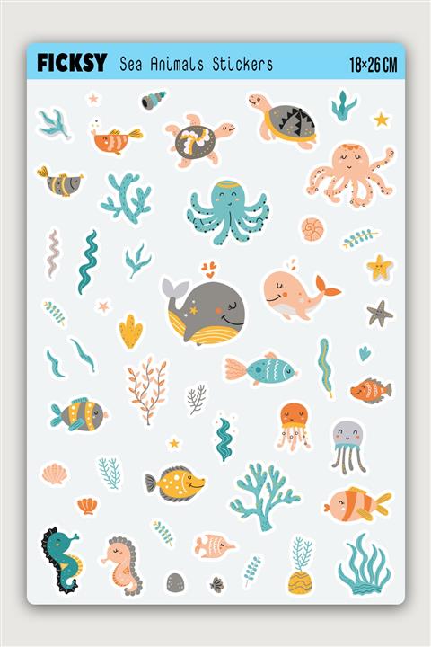 Ficksy Sevimli Deniz Canlıları Sticker Seti - 52 Adet Etiket Çıkartma