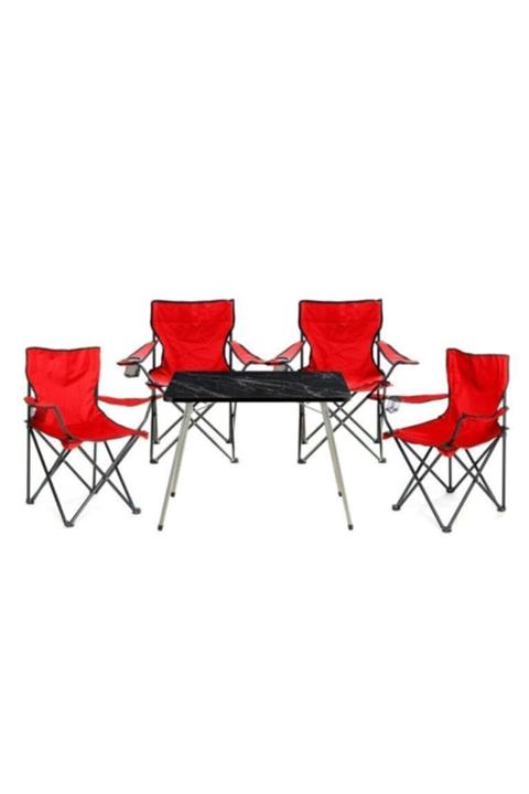 EXGRUP Katlanır Kamp Sandalyesi 4 Adet + Granit Siyah Masa