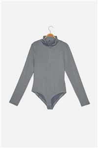 TRENDYOLMİLLA Gri Fermuarlı Dik Yaka Çıtçıtlı Örme Body TWOAW21BD0070