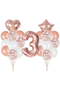 Pink Party Concept Rose Gold 3 Yaş Folyo Balon Şeffaf Konfetili Balon Seti