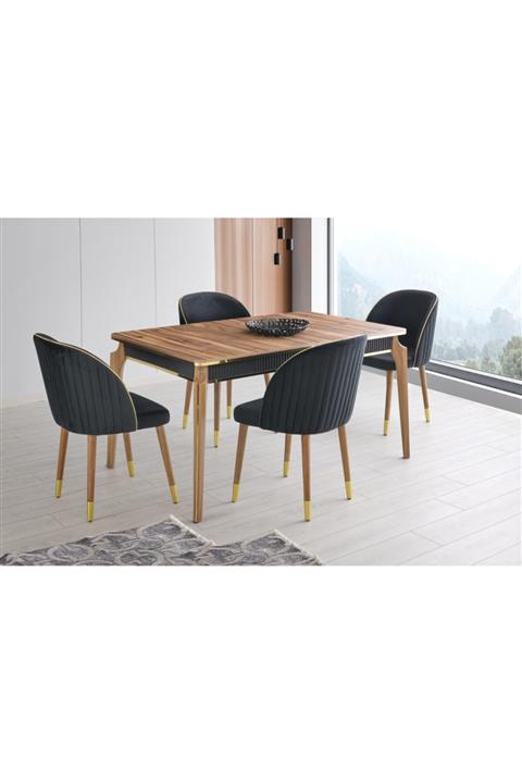 Evistro Ortadan Açılır Salon Yemek Masası Ceviz 4 Adet Sandalye Takım