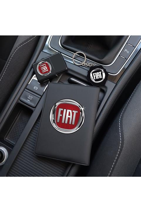 MaveraShop Özel Tasarım Fiat Logolu Siyah Ruhsat Kılıfı, Çakmak Ve Anahtarlık