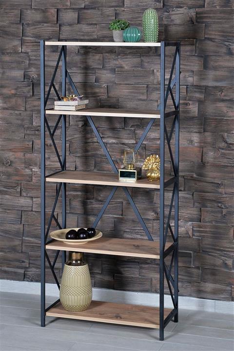 FİLE EV Metal Kitaplık 5 Raflı Kitaplık Dosya Kitap Rafı Ofis Ev Rafı Kitap Raf Ceviz