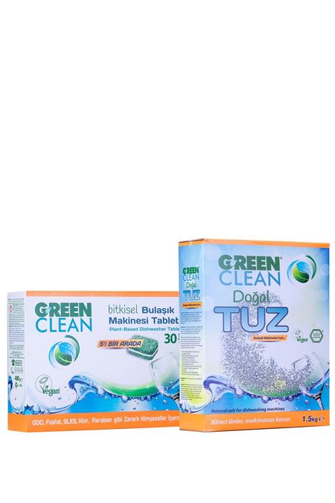 Green Clean Bitkisel Bulaşık Makinesi Tableti 30' Lu + Tuz 1,5 Kg. 2' Li Set
