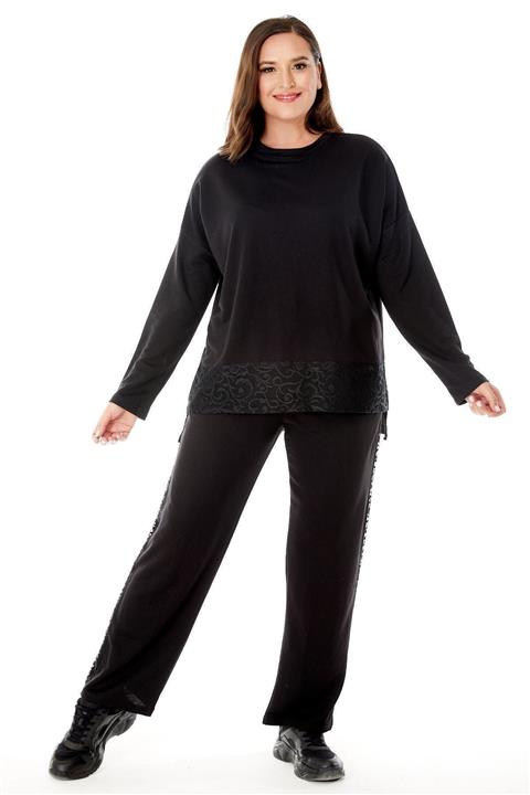 Siyezen Büyük Beden Siyah Dantel Detaylı Cepli Takım