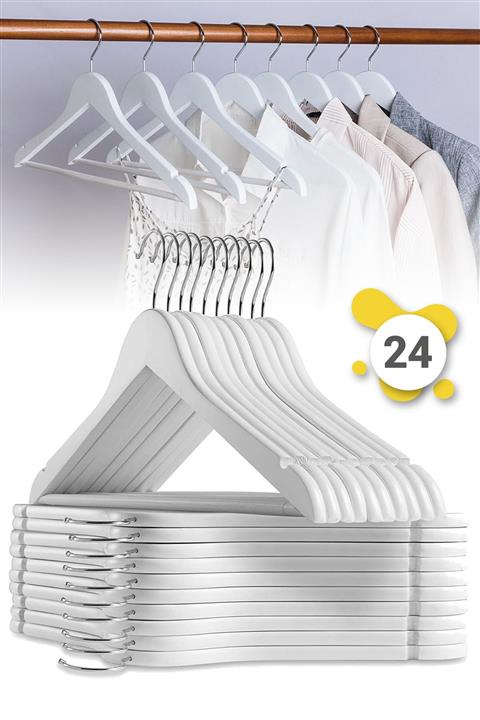 Morpanya 24 Adet Beyaz Ahşap Görünümlü Askı 1.sınıf Askı Kıyafet Elbise Askısı Etek Pantalon Askısı