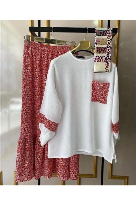 ModaSepetim Çicekli Eteklı Blüz Çepli Takım