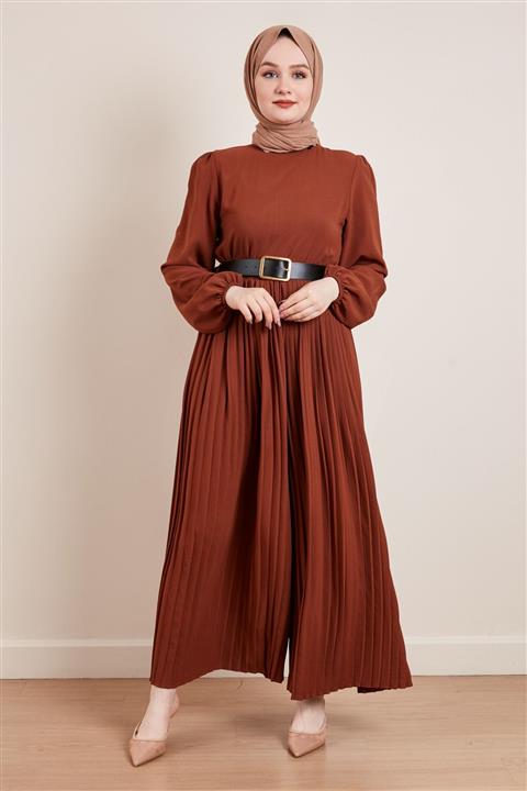 MARKALİSTE Kadın Kahverengi Kemerli Pileli Tulum