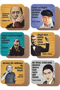 Hayat Poster Yılmaz Güney, Ahmet Arif, Kafka, Sartre, Attila Ilhan, Bukowski 6lı Ahşap Bardak Altlığı Seti