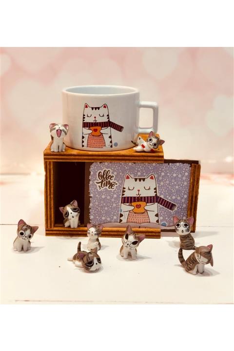 by rk tasarım Sevimli Kedi Kutulu Kupa Ve Şans Getiren Kedicikler Hediye Seti