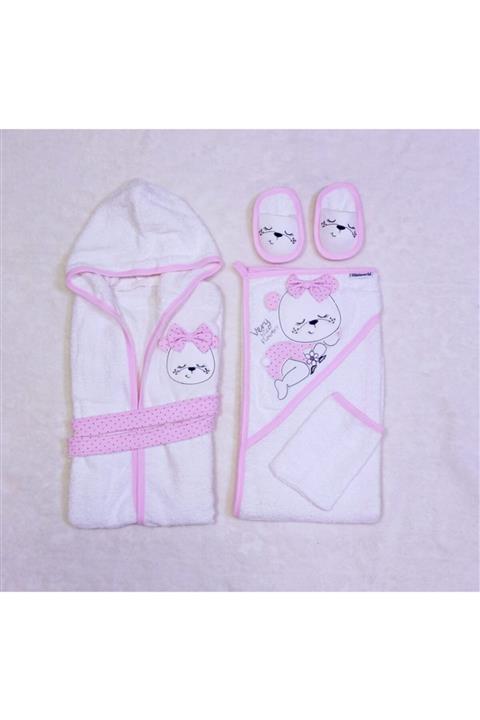 Miniworld Kız Bebek Sevimli Ayı Desenli  Bornoz Seti