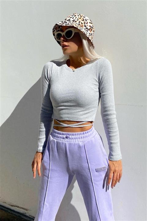 SwistLuxury Gri Uzun Kol Biye Bağlamalı Crop Bluz