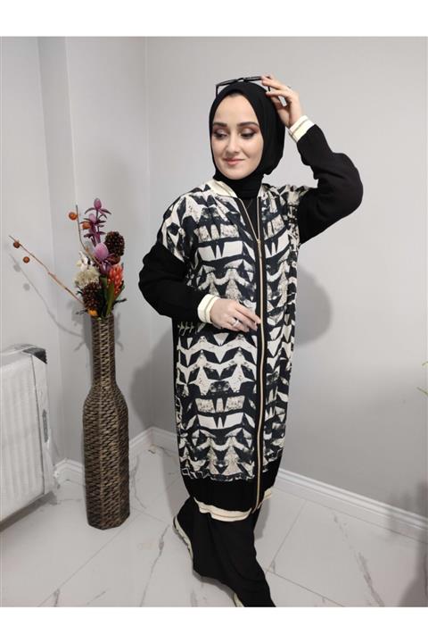 AYSUN AYDEMİR Krem-siyah Desenli 2 Li Tesettür Eşofman Takımı