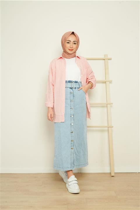 KAMİL KESKİN Kadın Buz Mavisi Düğmeli Denim Etek