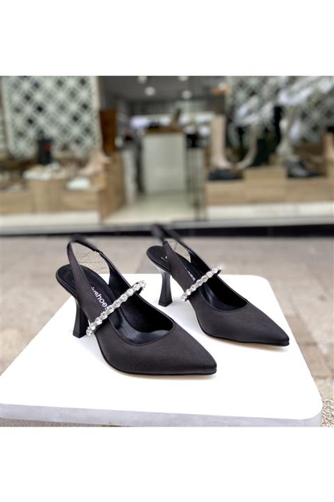 Gloriys Ayakkabı & Çanta Siyah Saten Taşlı 9 Cm Topuklu Ayakkabı