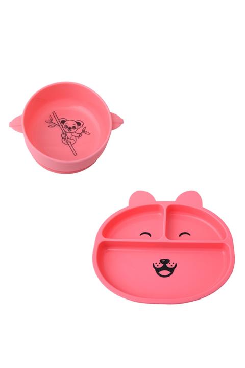 YumioKids Vakumlu Silikon Mama Tabağı-kasesi Seti Pembe Düz Kase-tabak Set