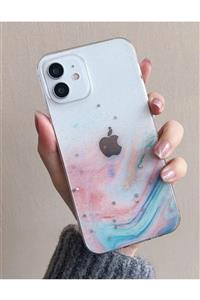 Özgü Aksesuar Iphone 11 Pembe Mavi Mermer Desenli Yıldızlı Silikon Telefon Kılıfı