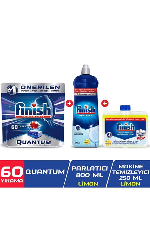 Finish Quantum 60 Tablet Bulaşık Makinesi Deterjanı + Parlatıcı 800 ml Limon + Makine Temizleyici 250 ml
