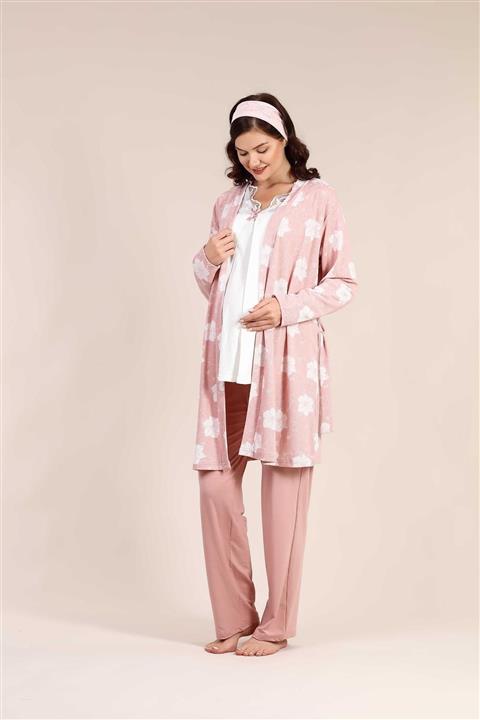 Lohussa Kadın Gül Kurusu Jakarlı Sabahlıklı Uzun Kollu Lohusa Hamile Pijama Takımı 3'lü Set
