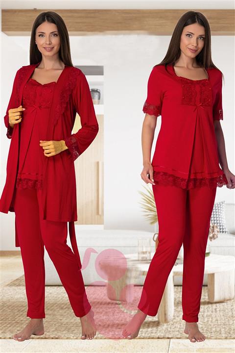 lohusahamile Vişne Emzirme Özellikli Sabahlıklı Lohusa Pijama Takımı Effortt 6034