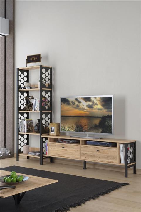 Wood'n Love Luna 160 Cm Dolaplı Metal Ayaklı Tv Ünitesi Ve Altıgen Desen Geniş Metal Kitaplık Yaşam