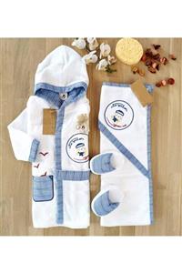 Bebitof Baby Bebek Mavi %100 Pamuk Denizci Bornoz Seti