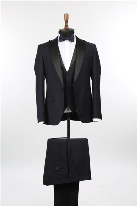 Jakamen Erkek Koyu Lacivert Sivri Yaka Slim Fit Smokin