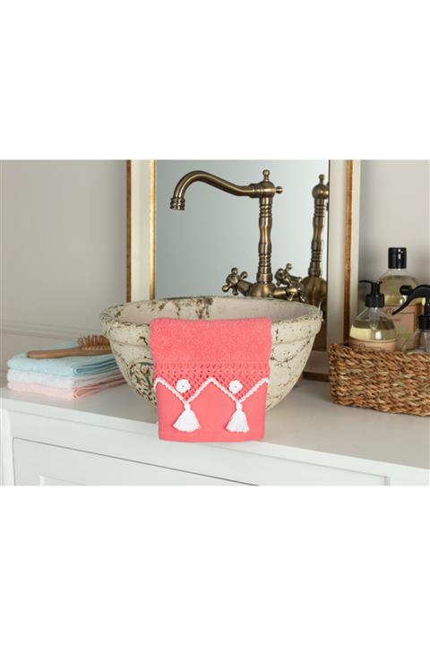 Madame Coco Madie Kroşeli El Havlusu - Koyu Pembe / Beyaz - 30x40 Cm