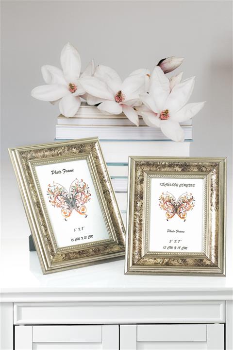 Seniste Oslo Dekoratif Resim Çerçevesi 2'li Gümüş Eskitme Ayarlanabilir Ayaklı - Duvara Asılabilir Osl008