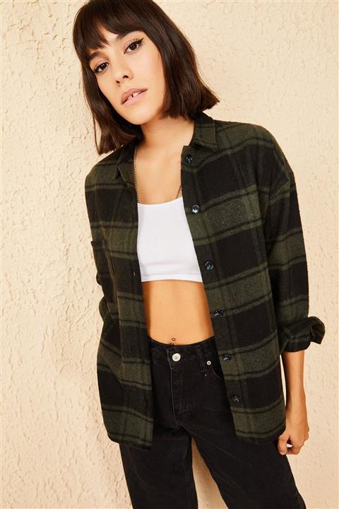 Bianco Lucci Kadın Haki Cepli Kaşe Oduncu Gömleği