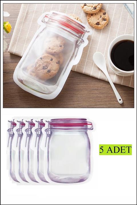 NRGS 5 Adet 500 Ml Kavanoz Görünümlü Kalın Kilitli Saklama Poşeti