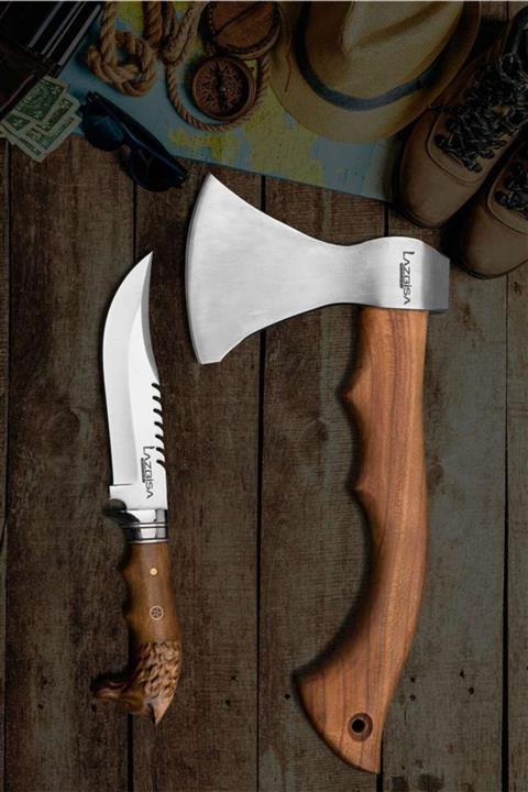 LAZBİSA Kamp Nacak Budama Baltası 32 cm Çakı Kamp Bıçağı 28.5 cm Dövme Çelik 2 li Set