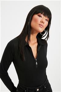 TRENDYOLMİLLA Siyah Fermuarlı Çıtçıtlı Örme Body TWOAW21BD0066