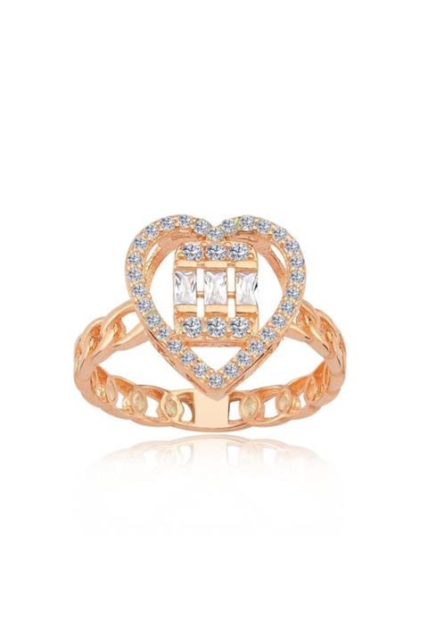 Mia Vento Kadın Rose Renk Kalp Form Baget Taşlı Gümüş Gurmet Yüzük