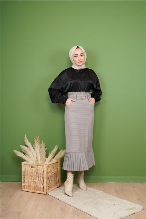 KAMİL KESKİN Kadın Vizon Altı Pilise Kareli Etek