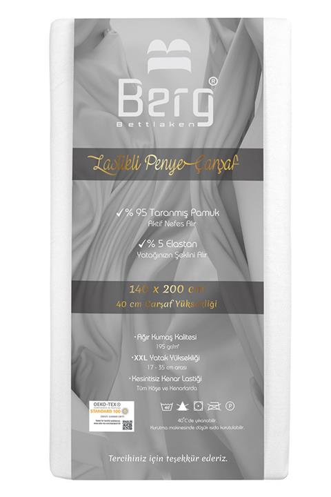 Berg Bettlaken 140x200 +35 Cm Yükseklik Lastikli Lüks Penye Pamuklu Çarşaf Beyaz, Luxury Fitted Sheet Cotton