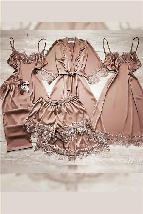 Çeyize dair herşey Özel Tasarım Saten Sabahlık Gecelik Şortlu 5 Li Pijama Seti