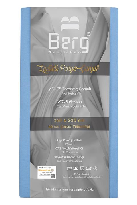 Berg Bettlaken 140x200 +35 Cm Yükseklik Lastikli Lüks Penye Pamuklu Çarşaf Mavi, Luxury Fitted Sheet Cotton