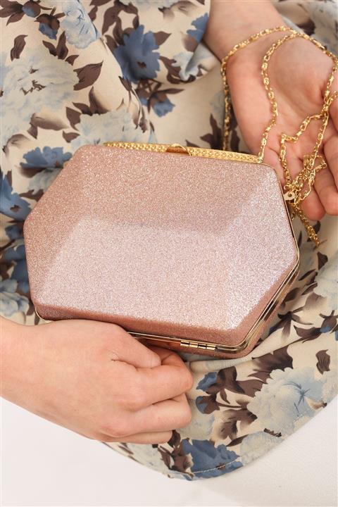 weem bag Kadın Pembe Altıgen Kasa Simli Abiye Çanta